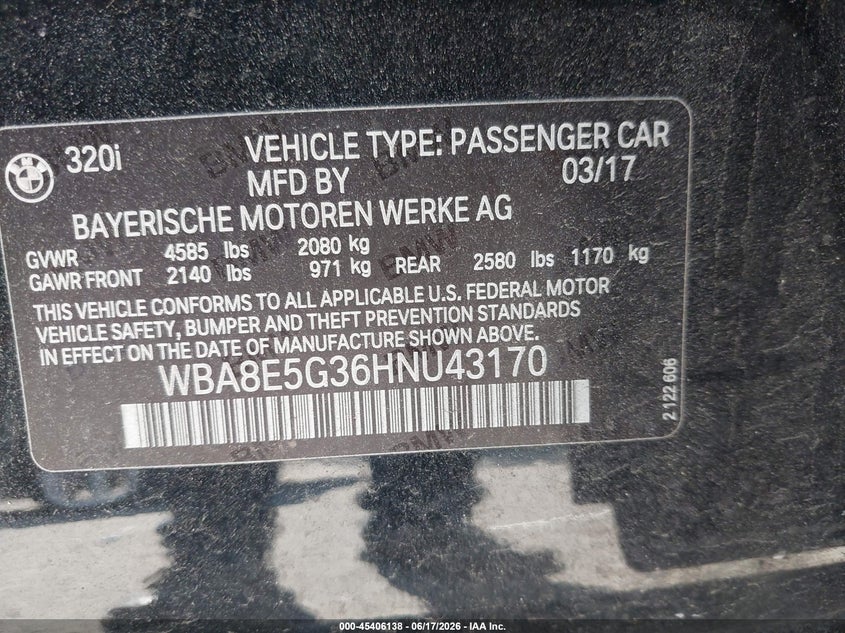 2017 BMW 3er VIN WBA8E5G36HNU43170 IAAI salvage auction — SIDE, Salvage (Florida), sold $1,800 on 2026-07-07 (photo 9)
