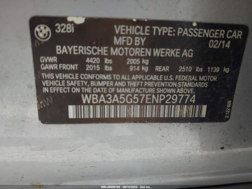 2014 BMW 3er VIN WBA3A5G57ENP29774 IAAI salvage auction — LEFT FRONT, Rebuildable (Florida), sold $875 on 2026-07-30 (photo 9)