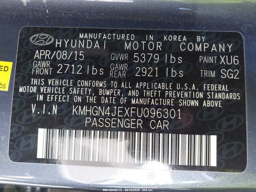 2015 Hyundai Genesis VIN KMHGN4JEXFU096301 IAAI salvage auction — NORMAL WEAR, Clear - Dealer Only (California), sold $2,300 on 2026-07-15 (photo 9)