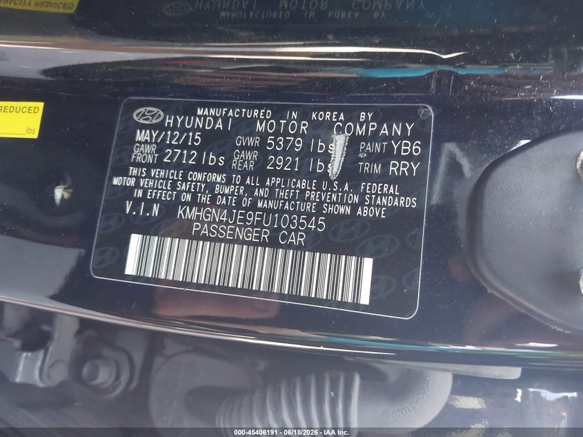 2015 Hyundai Genesis VIN KMHGN4JE9FU103545 IAAI salvage auction — RIGHT SIDE, Rebuildable (Florida), sold $2,200 on 2026-07-13 (photo 9)