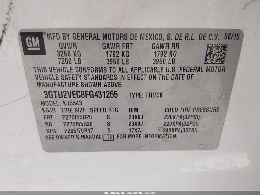 2015 Gmc SIERRA VIN 3GTU2VEC8FG431265 IAAI salvage auction — REAR END, Salvage (Mississippi), sold $3,800 on 2026-07-09 (photo 9)