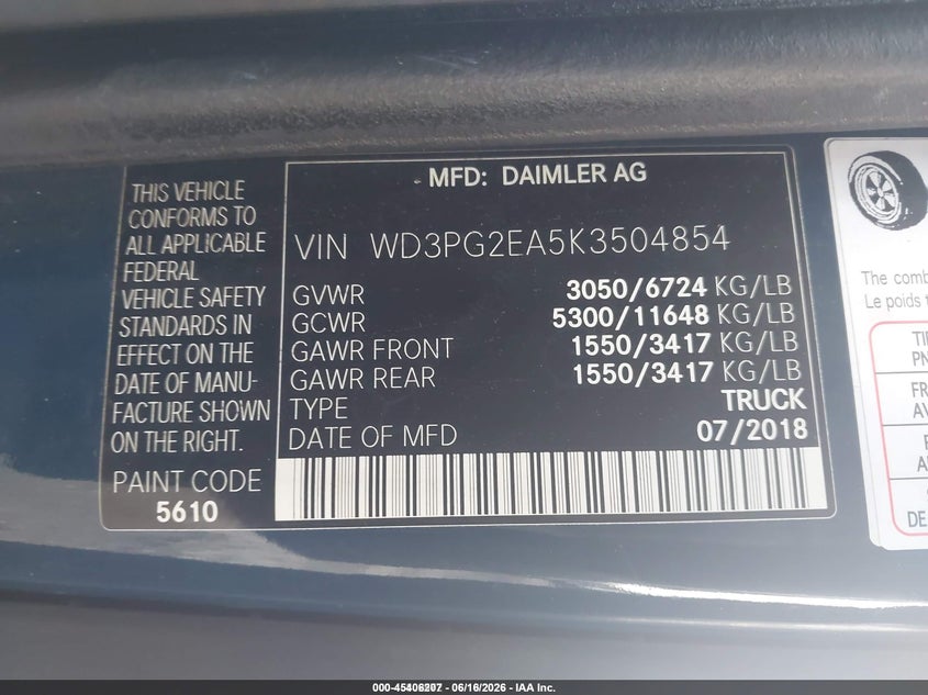 2019 Mercedes-benz Metris VIN WD3PG2EA5K3504854 IAAI salvage auction — NORMAL WEAR, Sf97 (Washington), sold $10,100 on 2026-07-29 (photo 9)