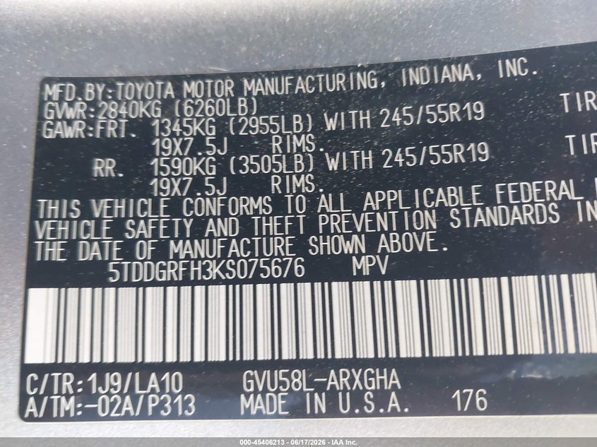 2019 Toyota Highlander VIN 5TDDGRFH3KS075676 IAAI salvage auction — FRONT END, Salvage (Virginia), sold $11,150 on 2026-07-13 (photo 9)