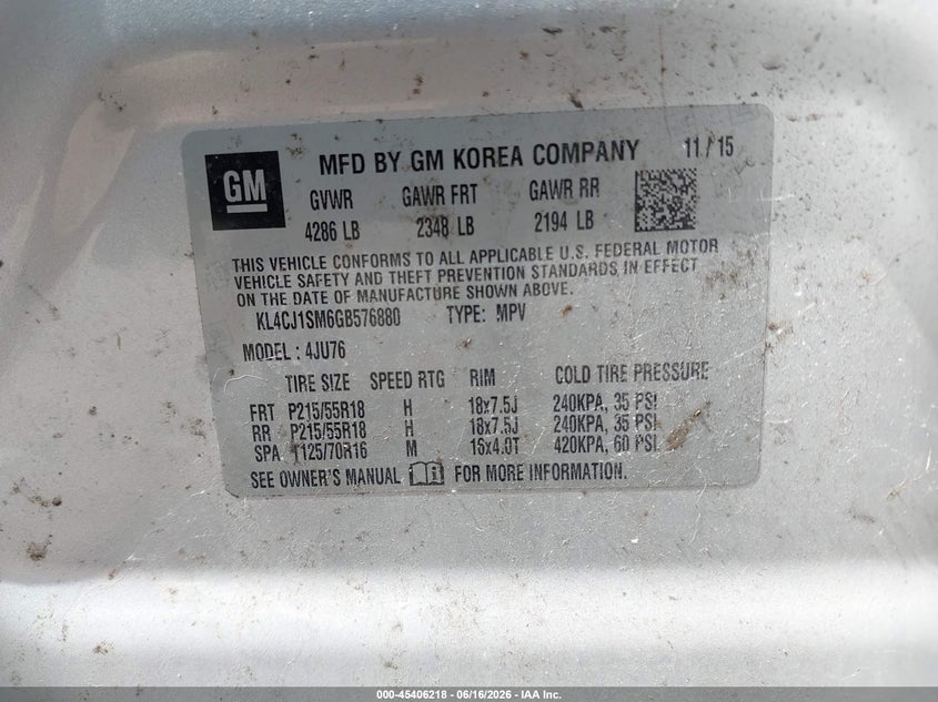 2016 Buick Encore VIN KL4CJ1SM6GB576880 IAAI salvage auction — NORMAL WEAR, Clear (Indiana), sold $475 on 2026-07-18 (photo 9)