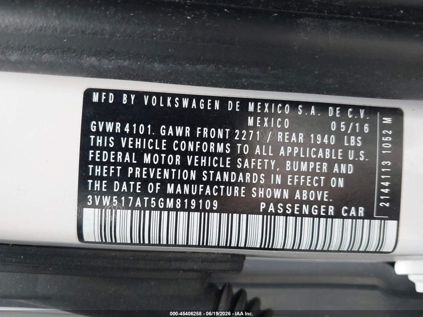 2016 Volkswagen Beetle VIN 3VW517AT5GM819109 IAAI salvage auction — FRONT END, Rebuildable (Florida), sold $3,000 on 2026-07-08 (photo 9)