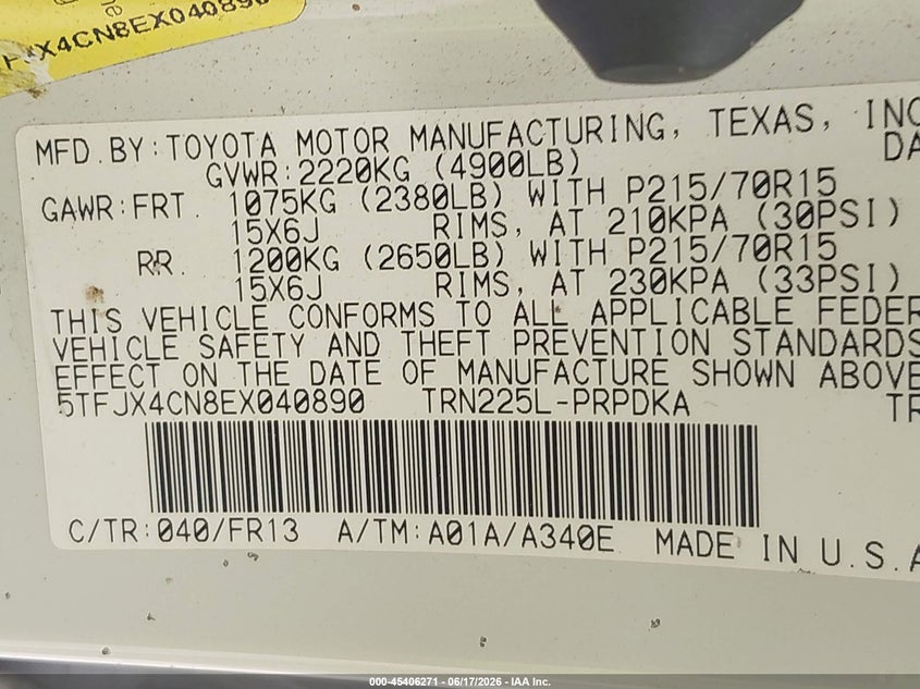 2014 Toyota Tacoma VIN 5TFJX4CN8EX040890 IAAI salvage auction — SIDE, Salvage Title, sold $4,650 on 2026-07-10 (photo 9)
