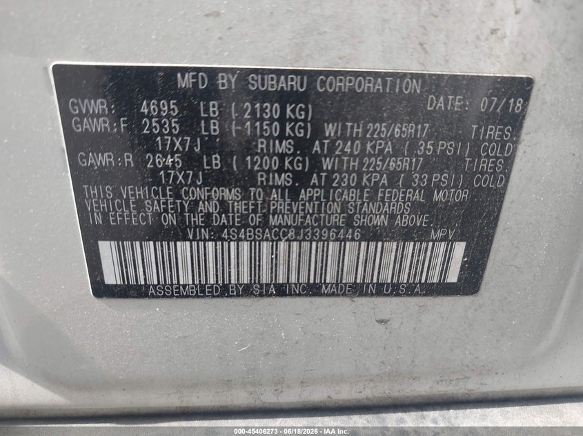 2018 Subaru Outback VIN 4S4BSACC8J3396446 IAAI salvage auction — FRONT END, Salvage (North Carolina), sold $2,200 on 2026-07-23 (photo 9)
