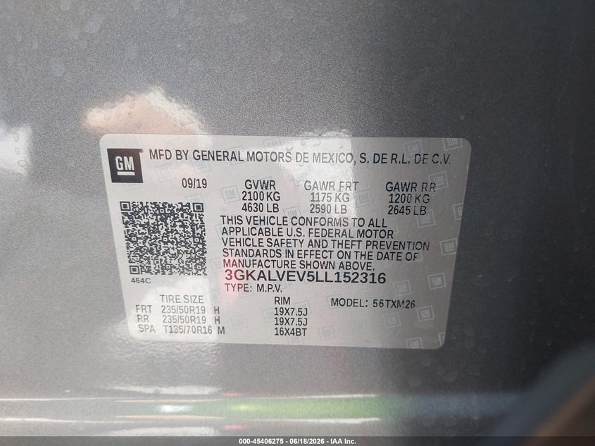 2020 Gmc Terrain VIN 3GKALVEV5LL152316 IAAI salvage auction — FRONT END, Salvage (Ohio), sold $4,650 on 2026-07-20 (photo 9)