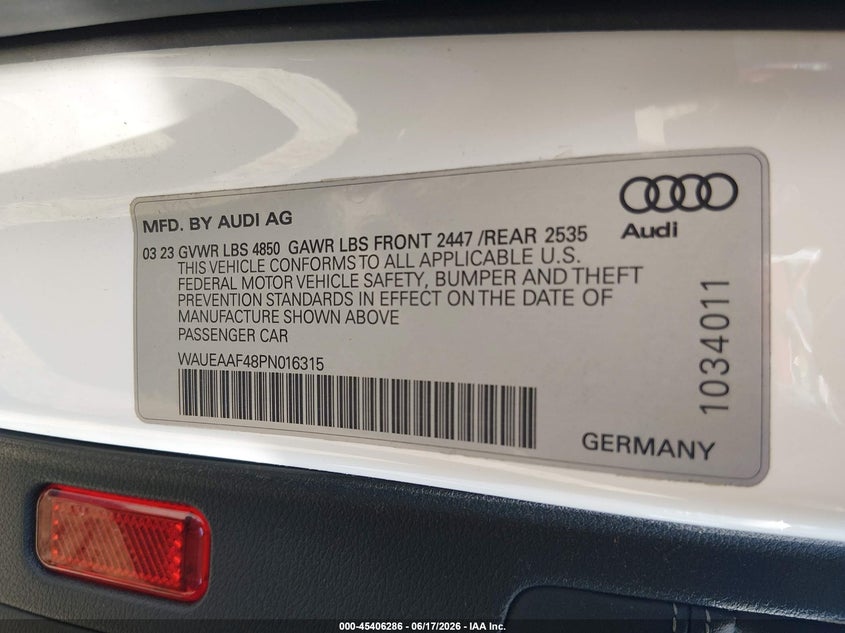 2023 Audi A4 VIN WAUEAAF48PN016315 IAAI salvage auction — SIDE, Salvage Title, sold $7,100 on 2026-08-19 (photo 9)