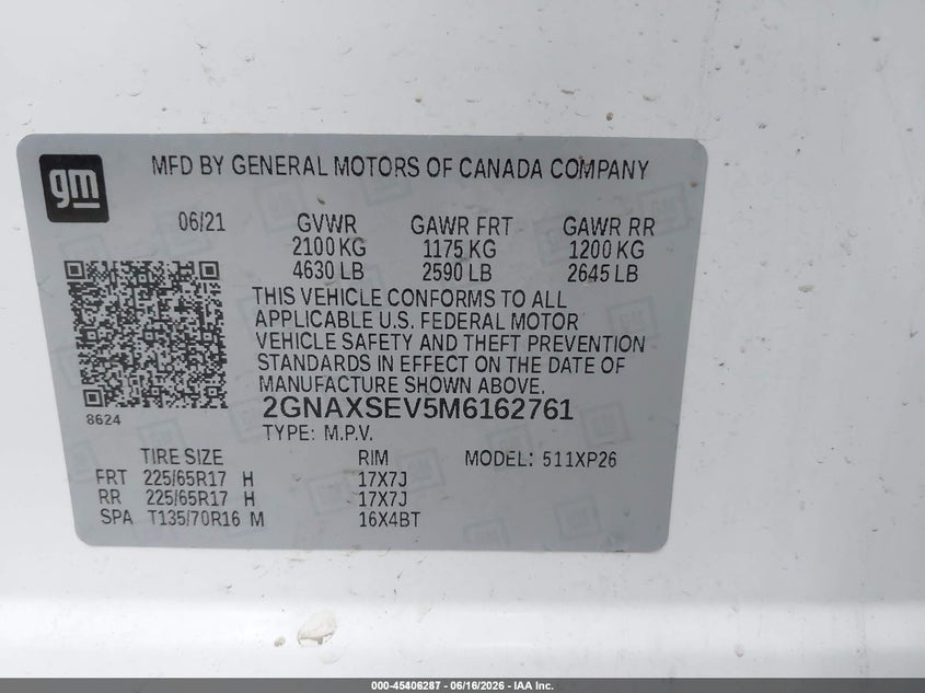 2021 Chevrolet Equinox VIN 2GNAXSEV5M6162761 IAAI salvage auction — NORMAL WEAR, Sf97 (Washington), sold $11,425 on 2026-07-29 (photo 9)