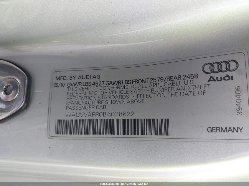 2011 Audi S5 VIN WAUVVAFR0BA028622 IAAI salvage auction — FRONT END, Rebuildable (Florida), sold $825 on 2026-07-28 (photo 9)