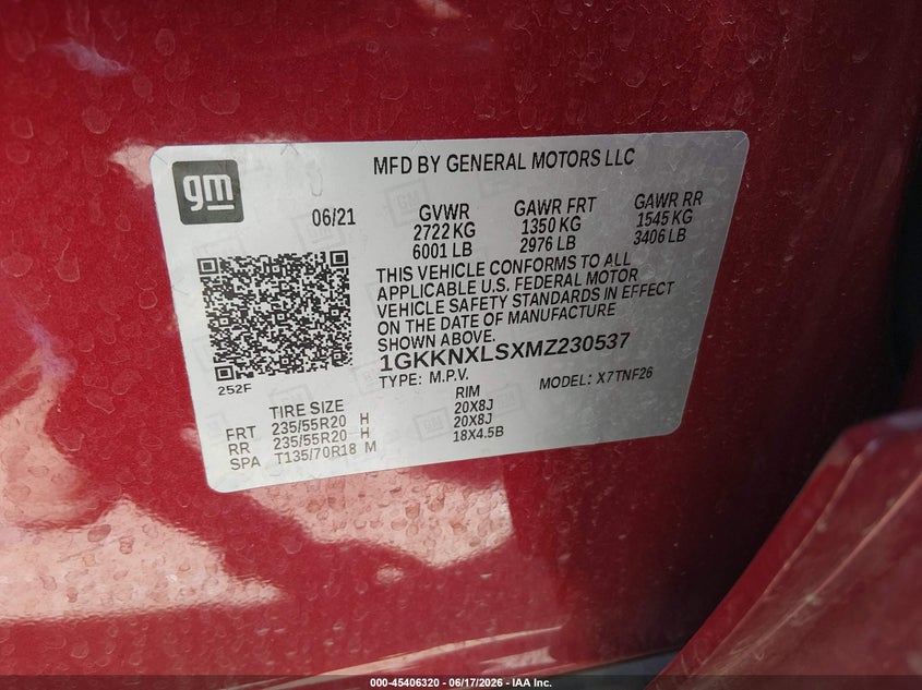2021 Gmc Acadia VIN 1GKKNXLSXMZ230537 IAAI salvage auction — REAR END, Salvage (Nebraska), sold $10,500 on 2026-07-23 (photo 9)