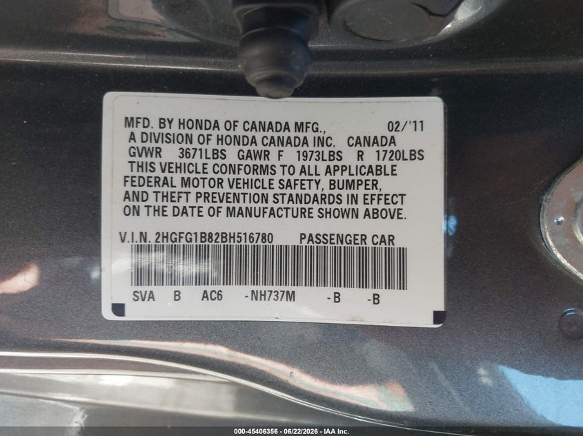 2011 Honda Civic VIN 2HGFG1B82BH516780 IAAI salvage auction — LEFT SIDE, Salvage (North Carolina), sold $750 on 2026-07-23 (photo 9)