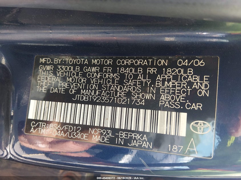2007 Toyota Yaris VIN JTDBT923571021734 IAAI salvage auction — NORMAL WEAR, Clear (Connecticut), sold $1,450 on 2026-07-16 (photo 9)
