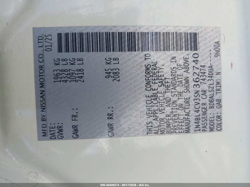 2025 Nissan Altima VIN 1N4BL4CV3SN362740 IAAI salvage auction — FRONT END, Rebuildable (Florida), sold $7,200 on 2026-07-09 (photo 9)