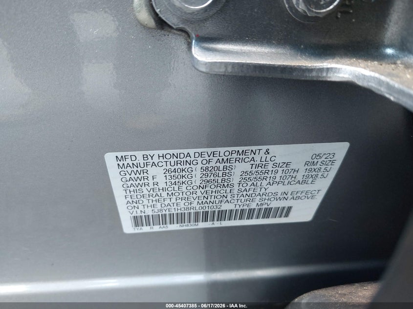 2024 Acura Mdx VIN 5J8YE1H38RL001032 IAAI salvage auction — FRONT END, Salvage Title, sold $9,100 on 2026-08-30 (photo 9)