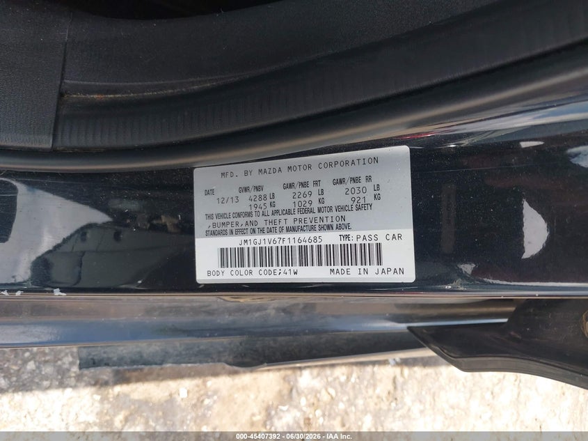 2015 Mazda 6 VIN JM1GJ1V67F1164685 IAAI salvage auction — LEFT FRONT, Original (Texas), sold $1,000 on 2026-07-15 (photo 9)