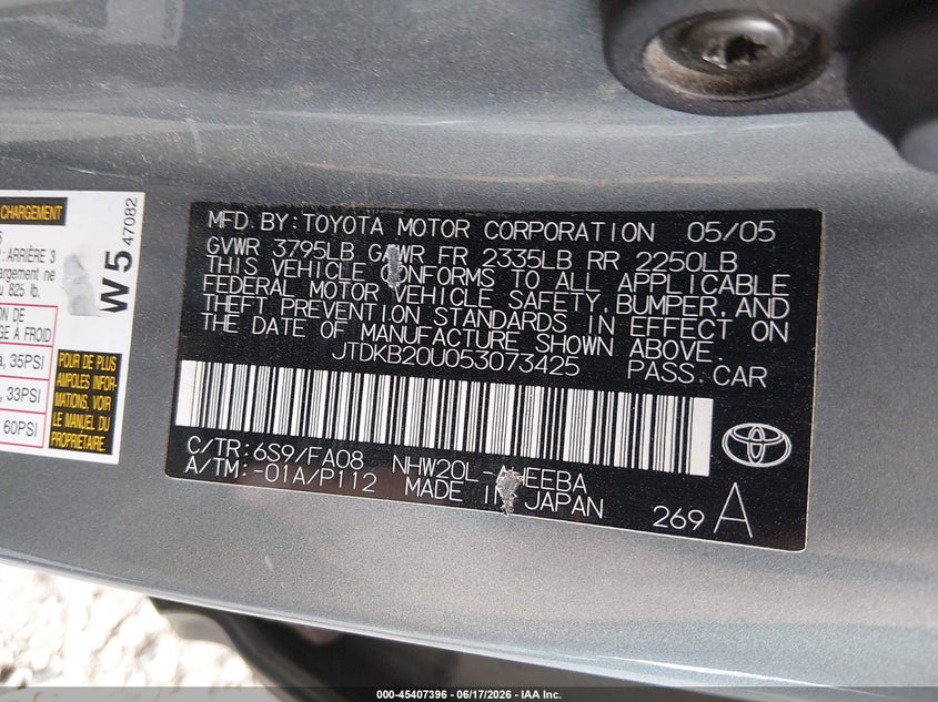 2005 Toyota Prius VIN JTDKB20U053073425 IAAI salvage auction — HAIL, Clear (Montana), sold $425 on 2026-07-29 (photo 9)