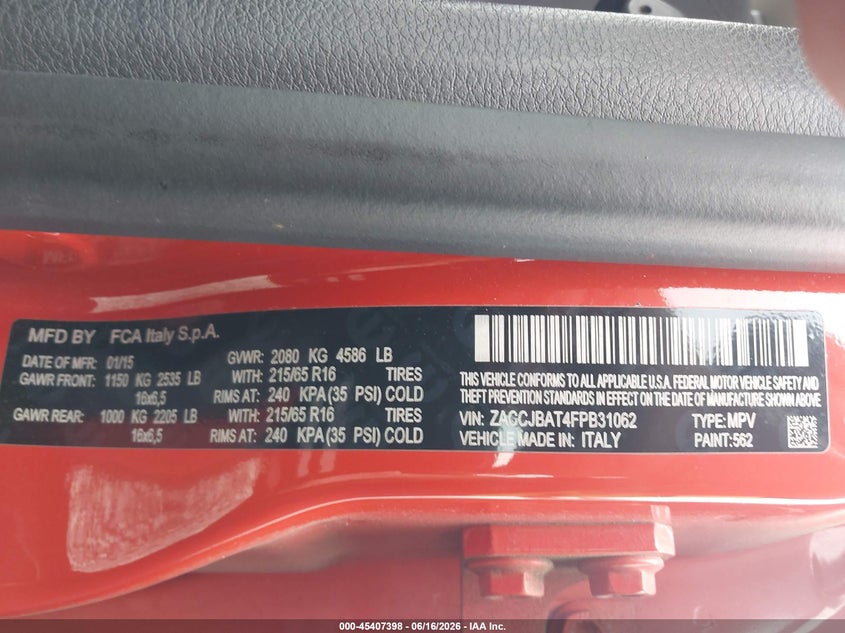 2015 Jeep Renegade VIN ZACCJBAT4FPB31062 IAAI salvage auction — NORMAL WEAR, Clear (Georgia), sold $1,450 on 2026-07-24 (photo 9)
