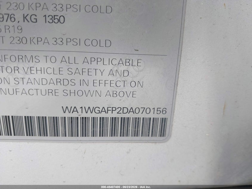 2013 Audi Q5 VIN WA1WGAFP2DA070156 IAAI salvage auction — NORMAL WEAR, Clear - Dealer Only (California), sold $375 on 2026-07-20 (photo 9)