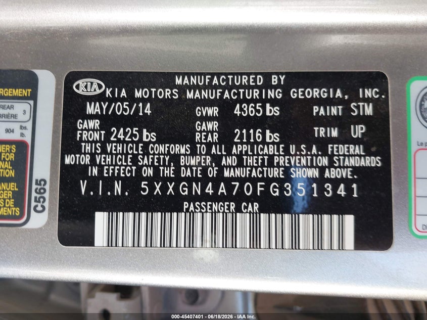 2015 Kia Optima VIN 5XXGN4A70FG351341 IAAI salvage auction — FRONT END, Salvage (Texas), sold $725 on 2026-07-28 (photo 9)