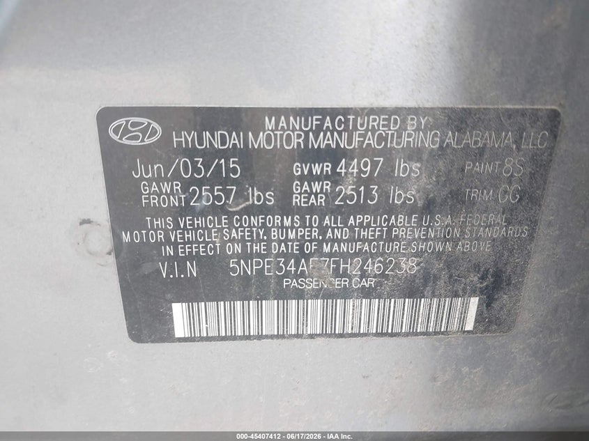 2015 Hyundai Sonata VIN 5NPE34AF7FH246238 IAAI salvage auction — FRONT END, Clear (Tennessee), sold $650 on 2026-07-26 (photo 9)