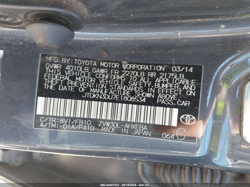 2014 Toyota Prius VIN JTDKN3DU7E1808534 IAAI salvage auction — NORMAL WEAR, Clear (Maryland), sold $125 on 2026-07-28 (photo 9)
