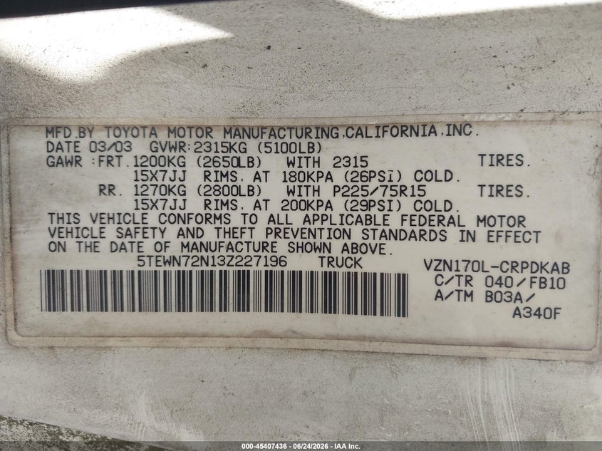 2003 Toyota Tacoma VIN 5TEWN72N13Z227196 IAAI salvage auction — FRONT END, Salvage (Tennessee), sold $775 on 2026-07-16 (photo 9)