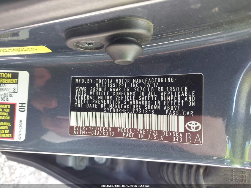 2018 Toyota Corolla VIN 5YFBURHE9JP791816 IAAI salvage auction — REAR END, Salvage Title, sold $25 on 2026-07-29 (photo 9)