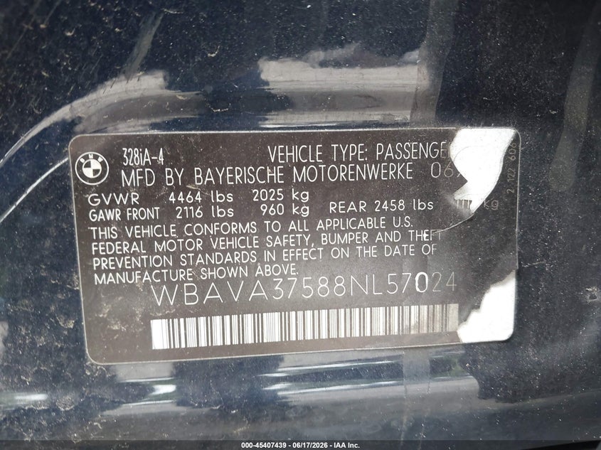 2008 BMW 3 series VIN WBAVA37588NL57024 IAAI salvage auction — REAR END, Salvage (Georgia), sold $275 on 2026-07-31 (photo 9)