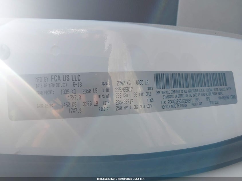 2018 Chrysler Pacifica VIN 2C4RC1EG5JR338611 IAAI salvage auction — HAIL, Salvage Title, sold $2,200 on 2026-07-23 (photo 9)