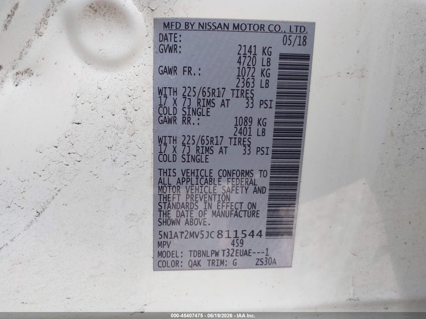 2018 Nissan Rogue VIN 5N1AT2MV5JC811544 IAAI salvage auction — LEFT SIDE, Salvage (Idaho), sold $2,675 on 2026-07-21 (photo 9)