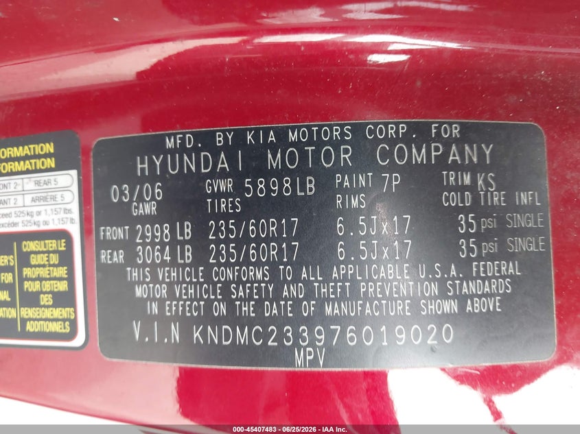 2007 Hyundai Entourage VIN KNDMC233976019020 IAAI salvage auction — NORMAL WEAR, Clear (Colorado), sold $325 on 2026-07-15 (photo 9)