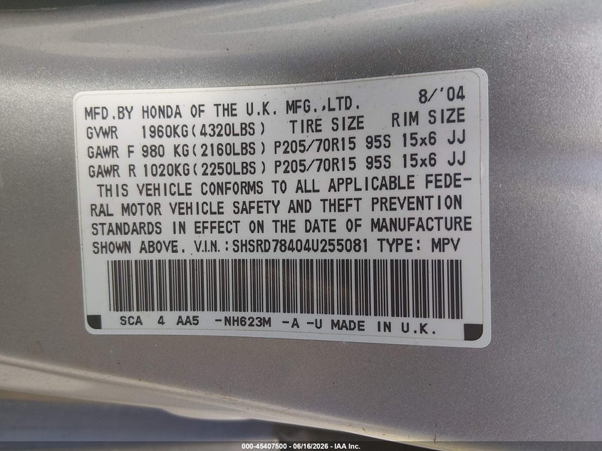 2004 Honda Cr-v VIN SHSRD78404U255081 IAAI salvage auction — NORMAL WEAR, Clear (Rhode Island), sold $900 on 2026-07-07 (photo 9)