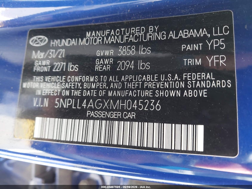 2021 Hyundai Elantra VIN 5NPLL4AGXMH045236 IAAI salvage auction — NORMAL WEAR, SF97 (California), sold $25 on 2026-07-30 (photo 9)
