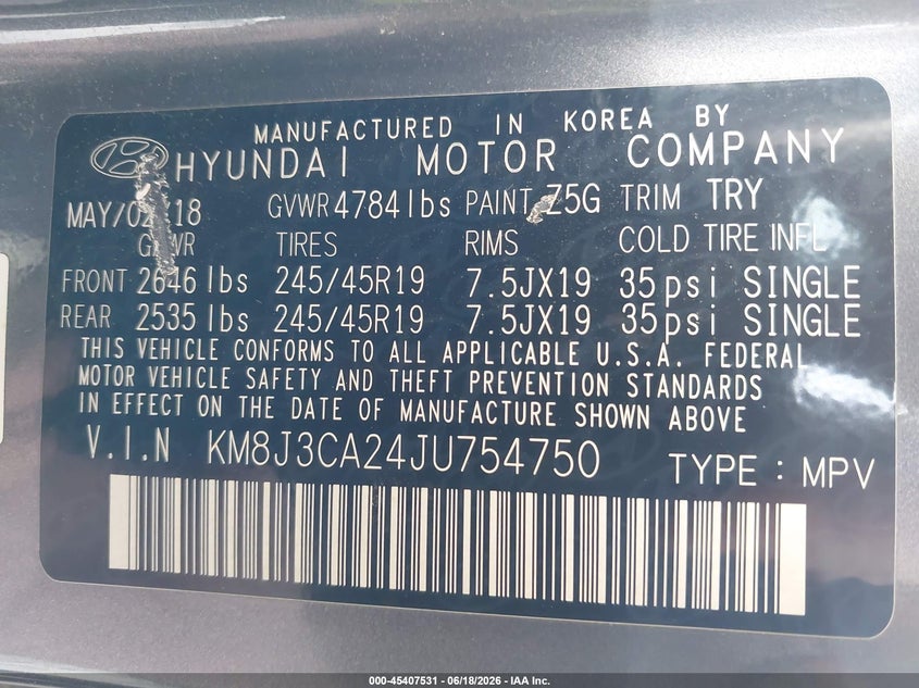 2018 Hyundai Tucson VIN KM8J3CA24JU754750 IAAI salvage auction — LEFT FRONT, Salvage Title, sold $2,225 on 2026-07-29 (photo 9)