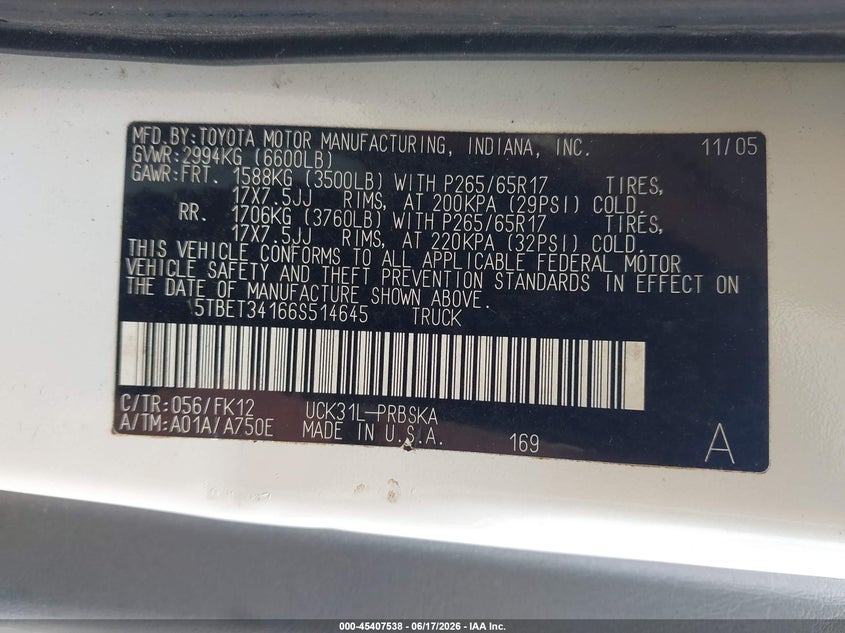 2006 Toyota Tundra VIN 5TBET34166S514645 IAAI salvage auction — FRONT END, Salvage (Georgia), sold $2,400 on 2026-07-23 (photo 9)