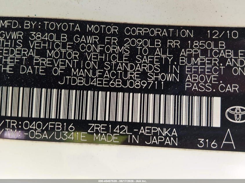 2011 Toyota Corolla VIN JTDBU4EE6BJ089711 IAAI salvage auction — FRONT END, Salvage (North Carolina), sold $475 on 2026-07-30 (photo 9)