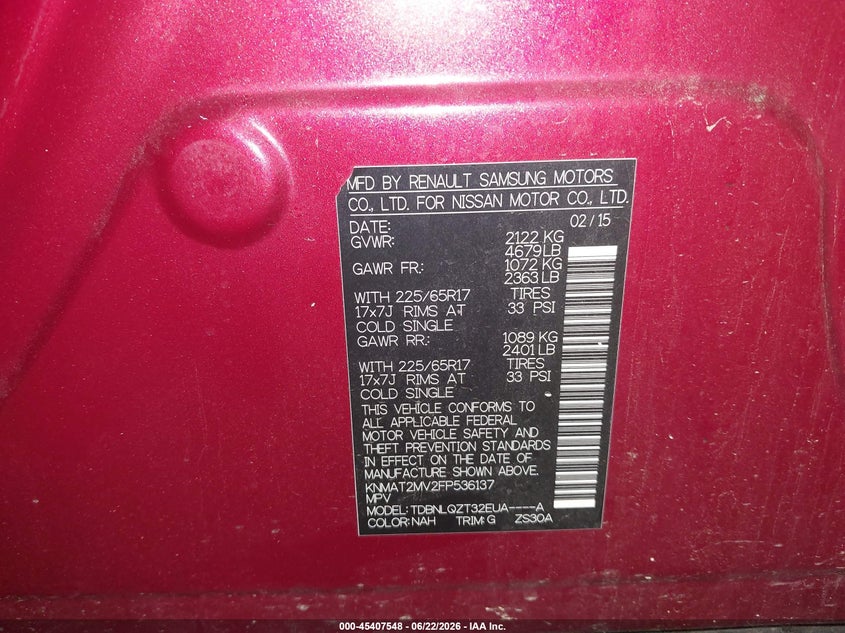 2015 Nissan Rogue VIN KNMAT2MV2FP536137 IAAI salvage auction — SIDE, Salvage Title, sold $1,450 on 2026-07-30 (photo 9)