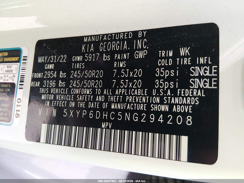 2022 Kia Telluride VIN 5XYP6DHC5NG294208 IAAI salvage auction — FRONT END, Salvage (Ohio), sold $4,550 on 2026-07-21 (photo 9)