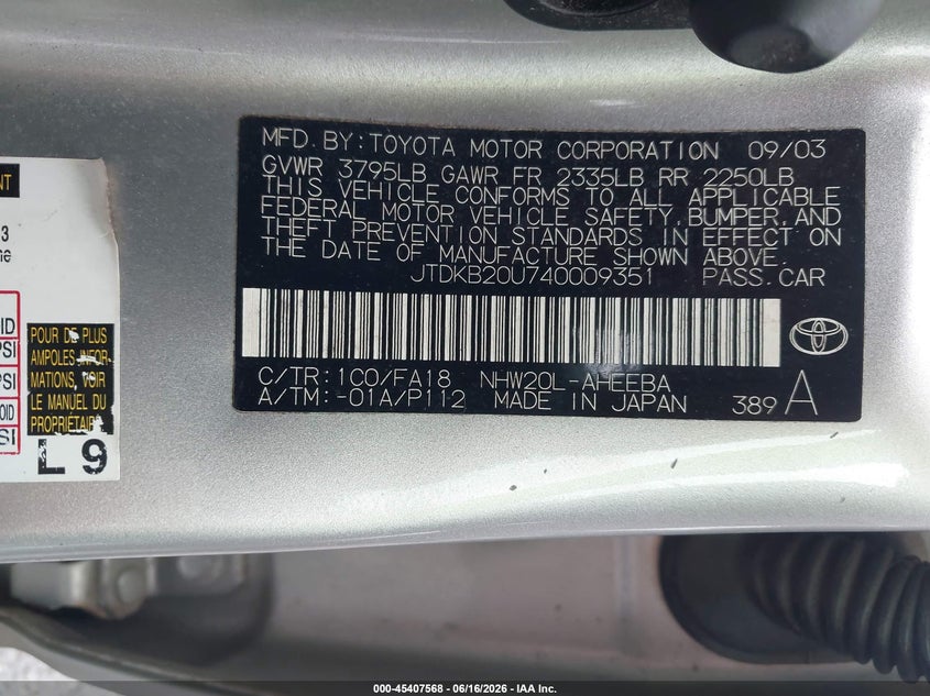 2004 Toyota Prius VIN JTDKB20U740009351 IAAI salvage auction — NORMAL WEAR, Clear (Georgia), sold $350 on 2026-07-17 (photo 9)