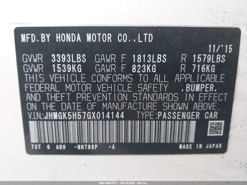 2016 Honda Fit VIN JHMGK5H57GX014144 IAAI salvage auction — REAR END, Salvage (Massachusetts), sold $2,275 on 2026-07-17 (photo 9)