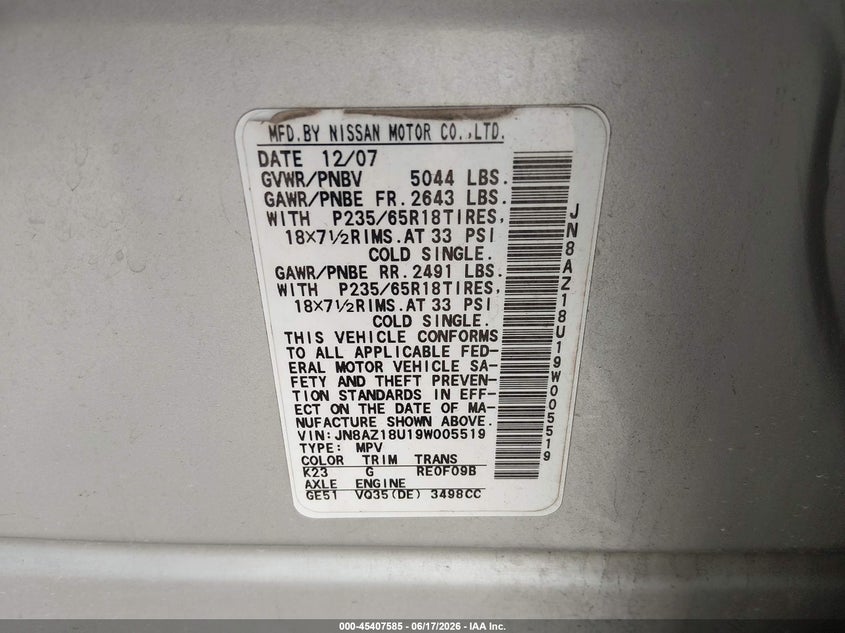 2009 Nissan Murano VIN JN8AZ18U19W005519 IAAI salvage auction — RIGHT REAR, Enterprise Vehicles Clear Only (Texas), sold $375 on 2026-07-21 (photo 9)