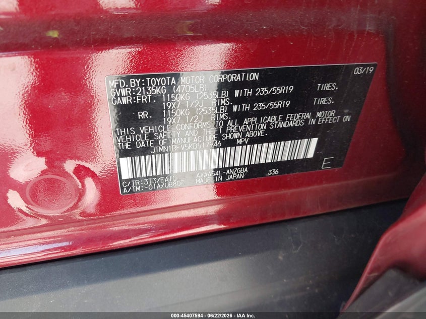 2019 Toyota VIN JTMN1RFV5KD517946 IAAI salvage auction — FRONT END, Salvage (Minnesota), sold $8,900 on 2026-07-28 (photo 9)