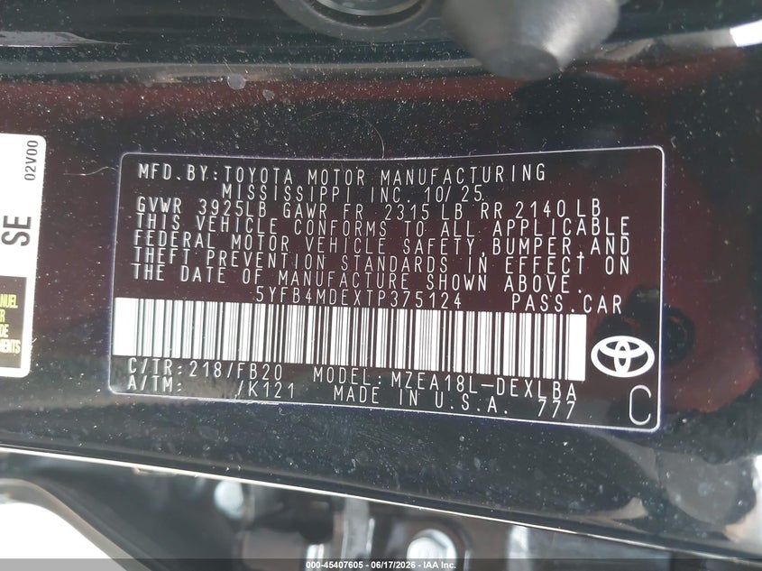 2026 Toyota Corolla VIN 5YFB4MDEXTP375124 IAAI salvage auction — LEFT SIDE, Salvage Title, sold $13,900 on 2026-07-15 (photo 9)