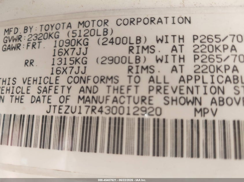 2003 Toyota 4runner VIN JTEZU17R430012920 IAAI salvage auction — REPOSSESSION, Original (Texas), sold $2,100 on 2026-07-27 (photo 9)