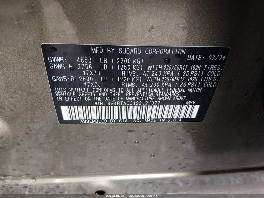 2025 Subaru Outback VIN 4S4BTACC1S3121077 IAAI salvage auction — REAR END, Salvage (Indiana), sold $8,350 on 2026-09-02 (photo 9)