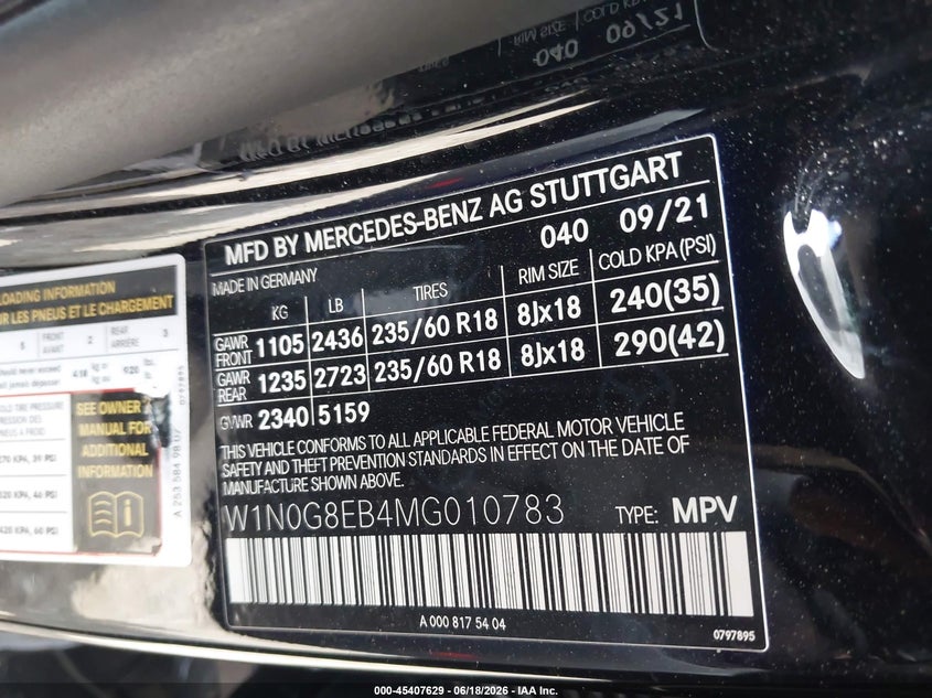 2021 Mercedes-benz Glc VIN W1N0G8EB4MG010783 IAAI salvage auction — FRONT END, Salvage Title, sold $6,400 on 2026-07-29 (photo 9)