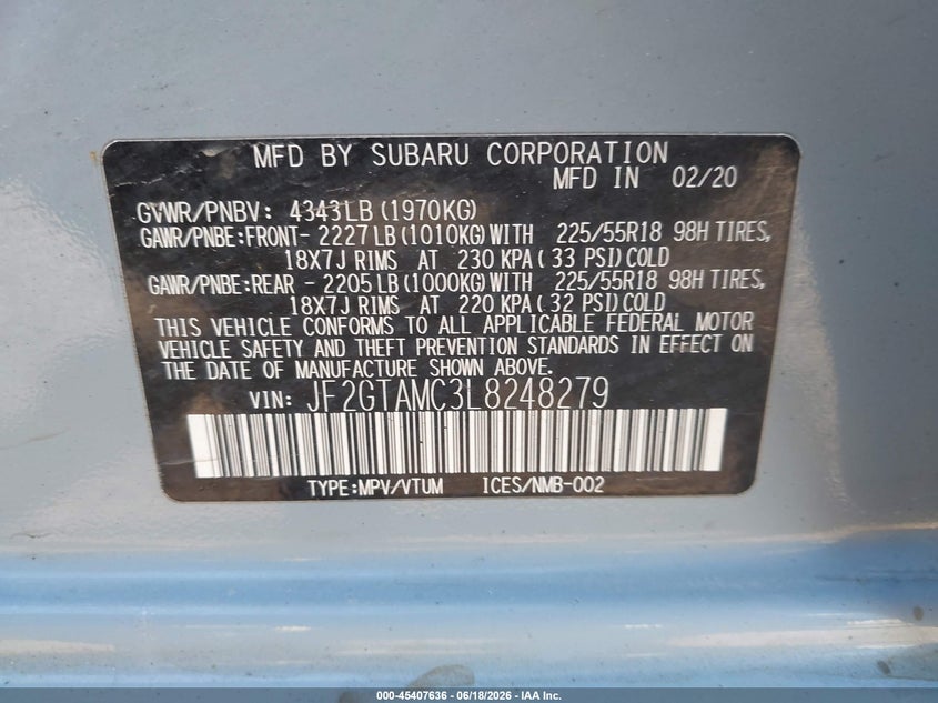 2020 Subaru Xv VIN JF2GTAMC3L8248279 IAAI salvage auction — LEFT FRONT, Bill Of Sale (Washington), sold $5,200 on 2026-07-14 (photo 9)