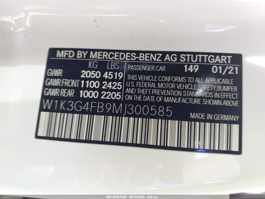 2021 Mercedes-benz A-klasse VIN W1K3G4FB9MJ300585 IAAI salvage auction — FRONT END, Salvage Title, sold $6,900 on 2026-07-14 (photo 9)